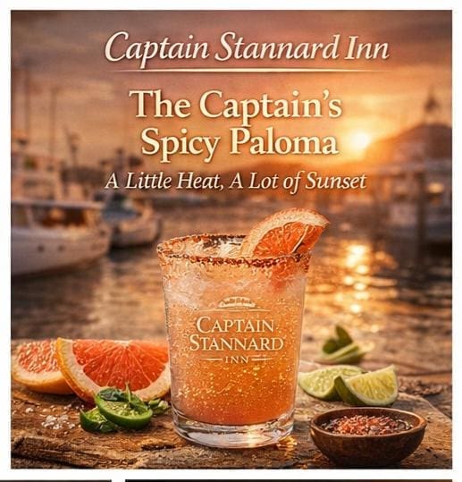 Book cover for Captain Stannard Inn: The Captain's Spicy Paloma — A Little Heat, A Lot of Sunset, featuring a salted-paloma glass with an orange slice at a sunset harbor.